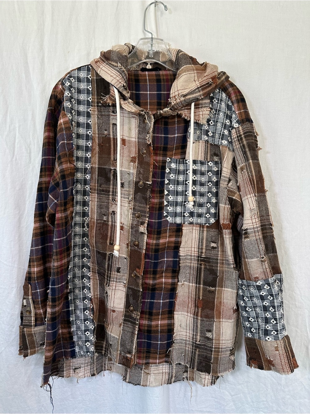 Miss Me Sz S Pieced Plaid Hooded Shacket